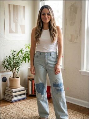 We The Free Light Blue Patchwork HAND EMBROIDERED Sashiko wide Leg Jeans
